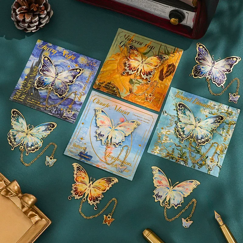 Vintage Monet Van Gogh Oil Painting Gold-Stamped Butterfly Metal Bookmark Butterfly Pendant Hanging Ornament Bookmark Gift