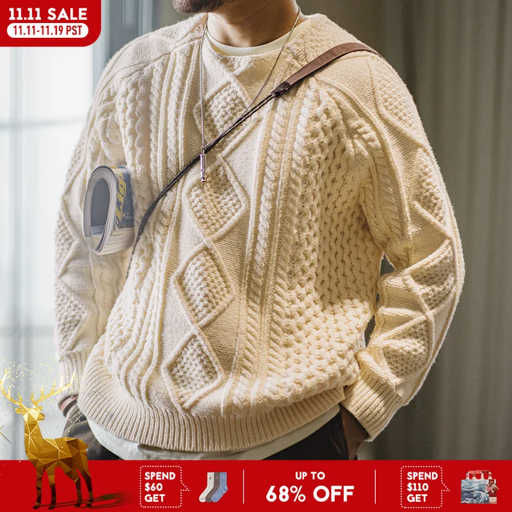 

Maden Men's Retro Aran Sweater Autumn and Winter Thickened Knitwear Beige Round-neck Woven Sweater Versatile Leisure Pullover