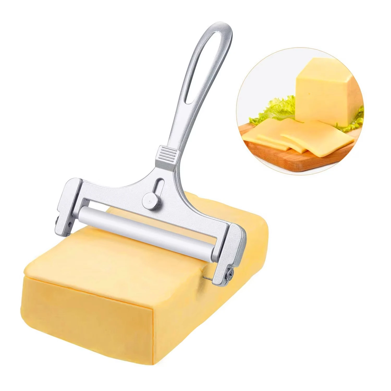 Käsehobel aus Aluminiumlegierung mit Draht, einstellbarer Dicke, Käsebutterschneider für weiche und halbharte Käsesorten, Küchenhelfer