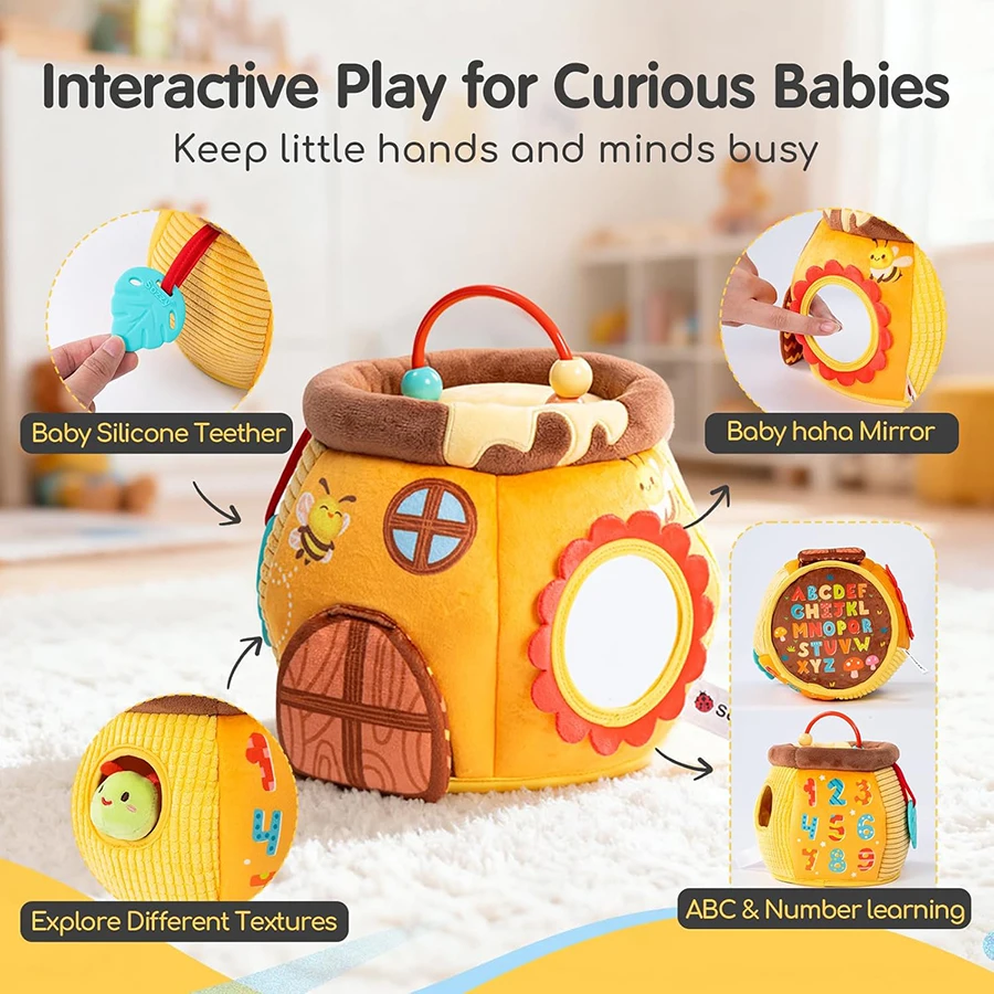 Brinquedos para bebês de 6 a 12 meses, casinha de abelha com animais de fazenda de pelúcia para crianças de 1 a 3 anos, colmeia de pelúcia com chocalhos, espelho rangido
