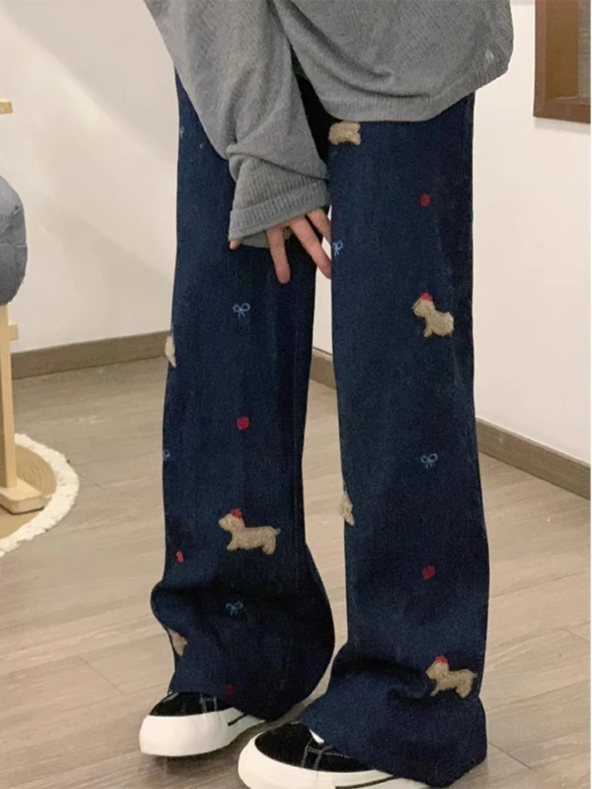 

American High Street Floing Embroidery Jeans Creative Cartoon Dog Loose Wide Leg Design Casual Versatile Long Trousers