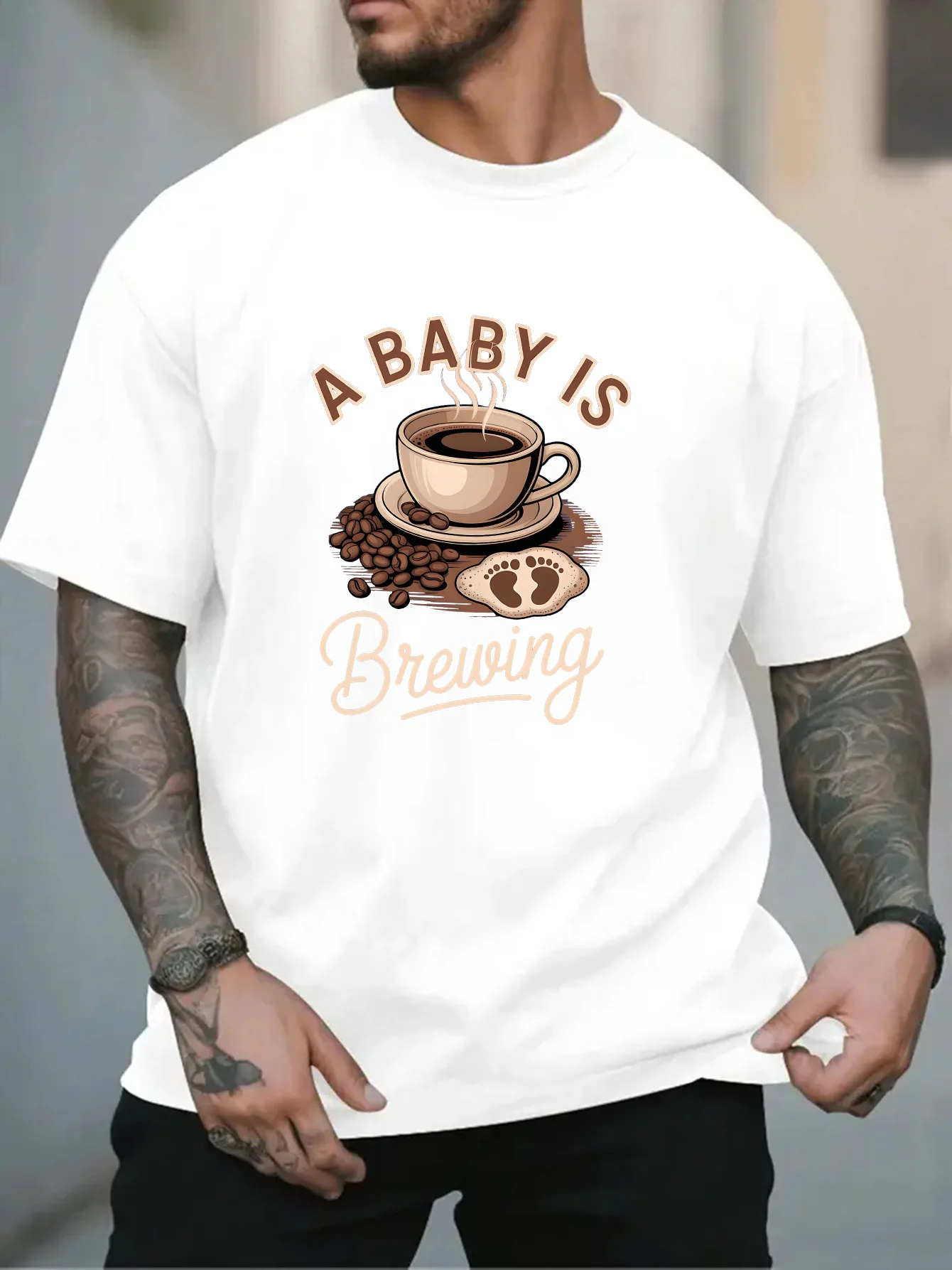 New Men White Crew Neck Tee Coffee Cup Bean Baby Footprint A Baby Is Brewing Pregnancy Reveal Dad Casual Cotton Male Tops