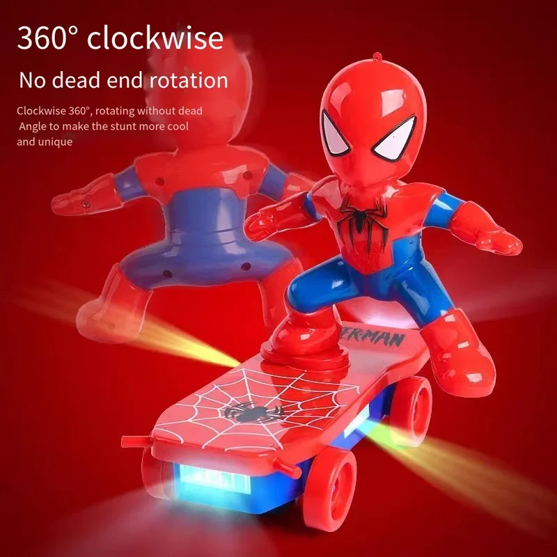 Novo homem aranha rotação automática flip skate carro acústico-óptico música elétrica brinquedo dublê scooters presente de natal anime