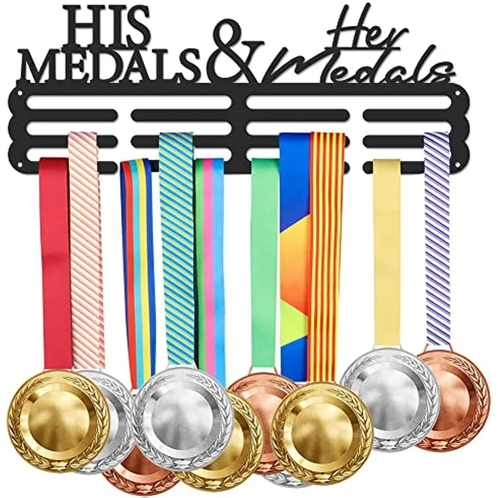 

Metal Medal Hooks Motivating Word His Medals & Her Medals Wall Storage Award Holder for Wall Medal Hanger Rack Frame for 60+ Med