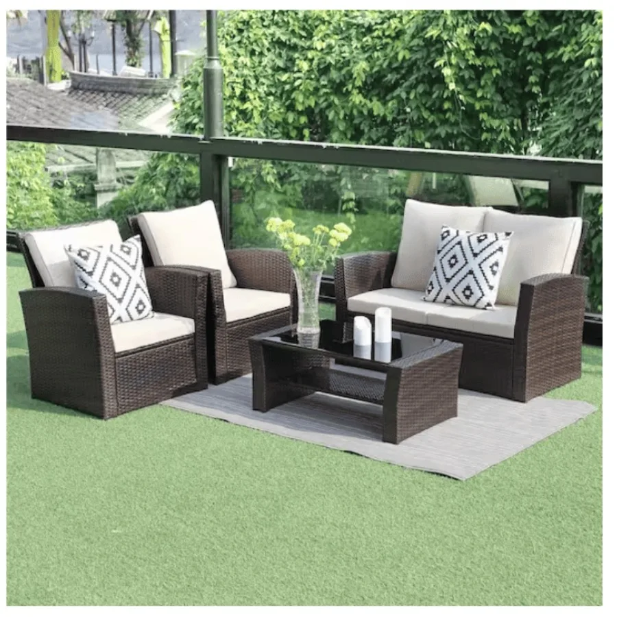 

4Pieces Outdoor Patio Furniture Set PE Rattan Wicker with Brown