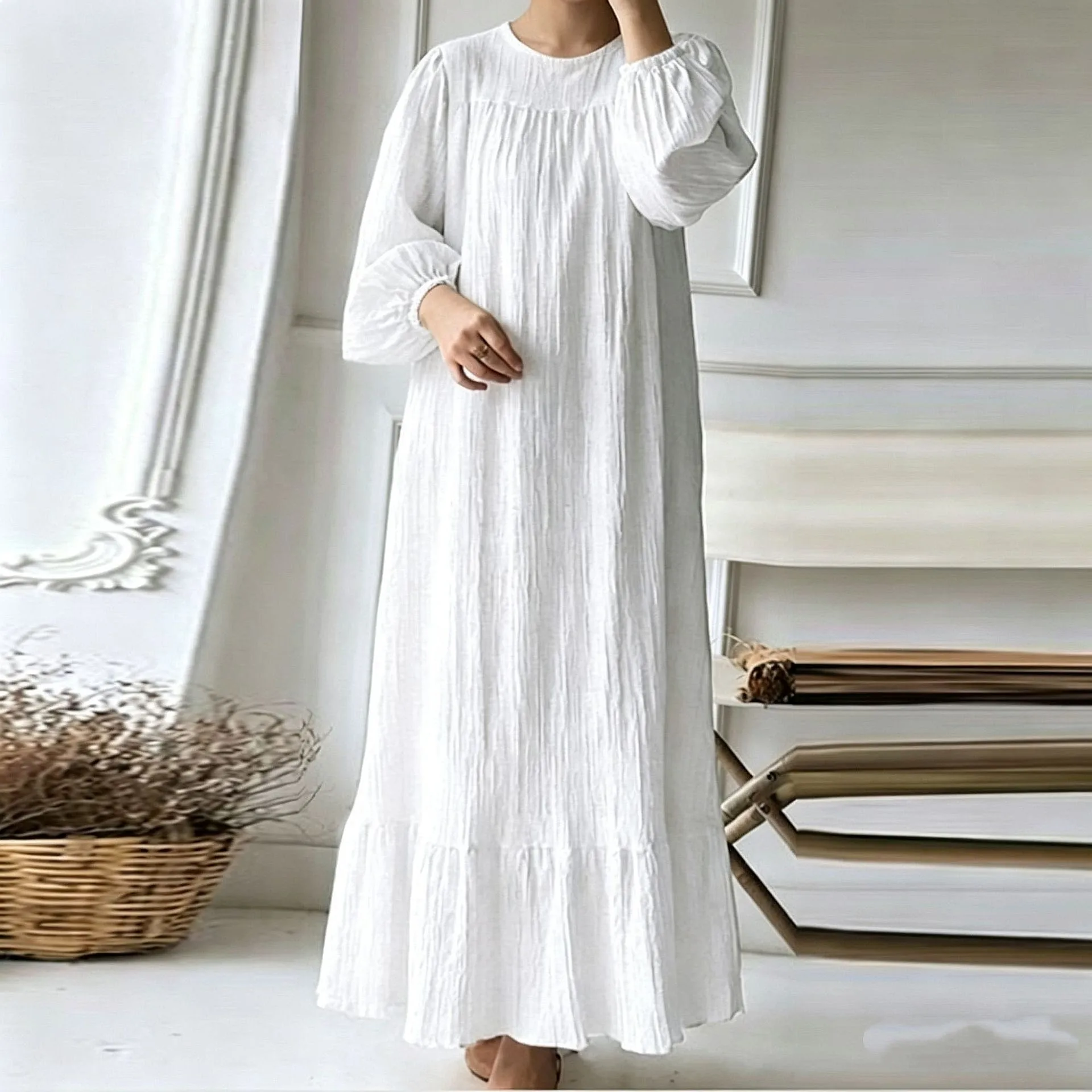 Women's Fashion Bubble Sleeve Vintage Maxi Dress Solid Ruffle Hem Dresses Spring Summer