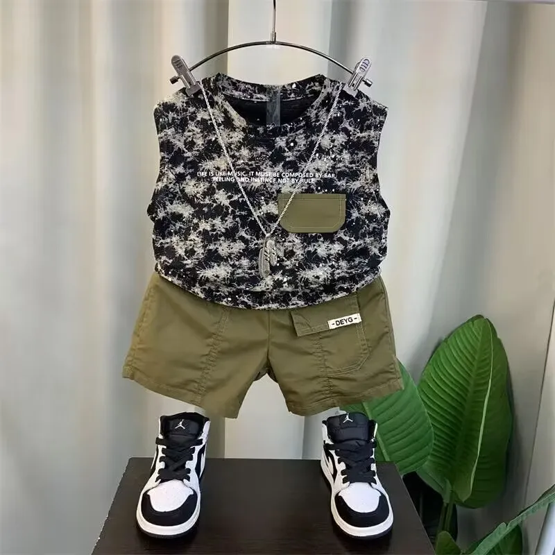 Boys Summer Vest Set New Fashionable Baby Handsome Fashion Sleeveless T-shirt Shorts Two Piece Set Children's clothing set