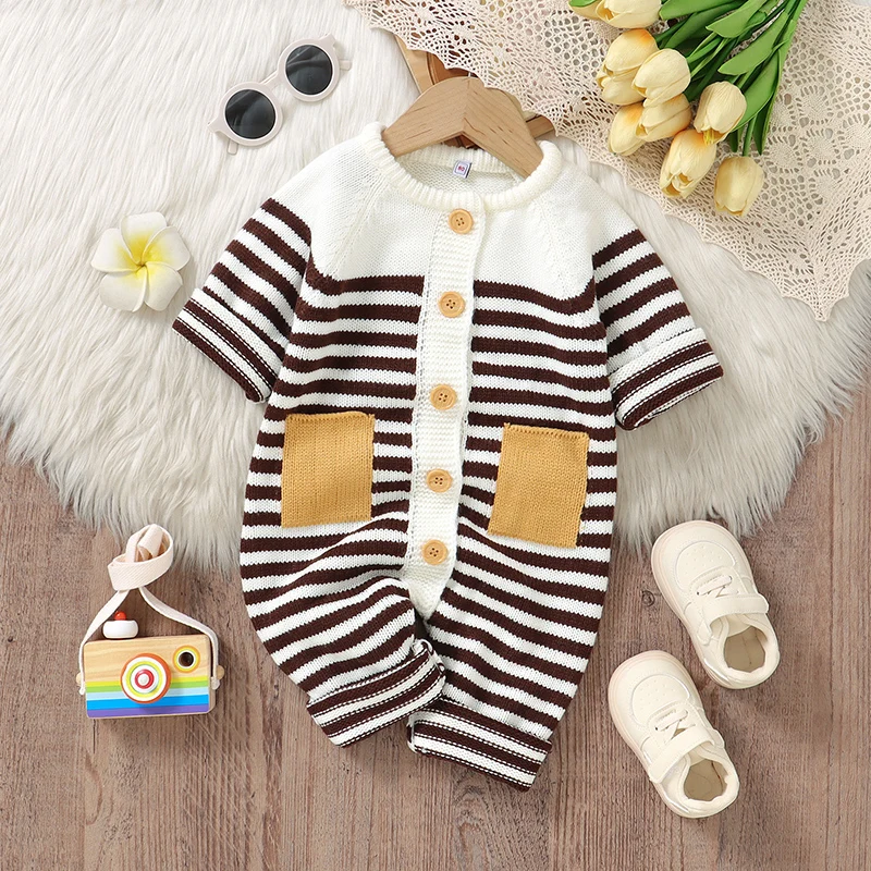 

Newborn Baby Romper Knitted Infant Girls Boys Jumpsuit Long Sleeve Fall Winter Children Clothes Fashion Striped 0-18M Overalls