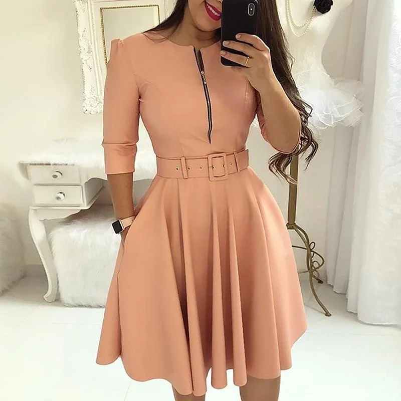 Elegant Women Solid Half Sleeve Party Dress Autumn Casual Zipper Knee-length Midi Dresses Ladies Big Swing Club Dress Vestidos