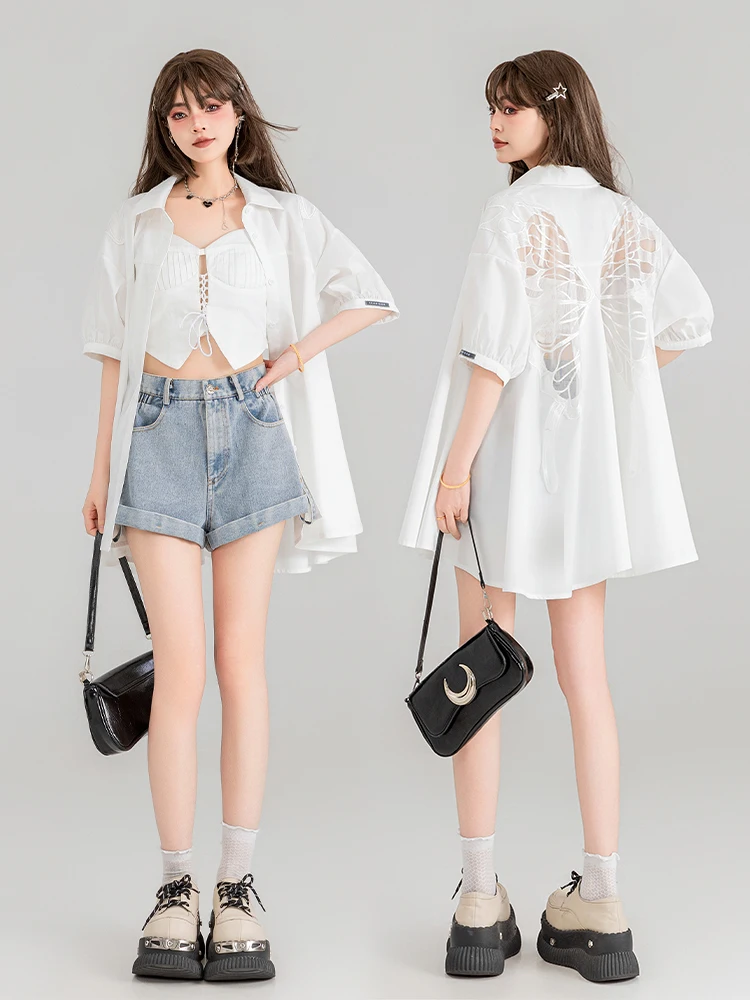 Dophee Original Back Hollow Out Butterfly Black Short Sleeve Blouses Mid-long Loose Women Cardigans Shirt Casual Sunscreen Top