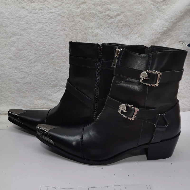 Flowers Embroidery Rivets Chelsea Boots Men High Heels Genuine Leather Patchwork Double Buckle Ankle Boots Metal Toe Male Shoes