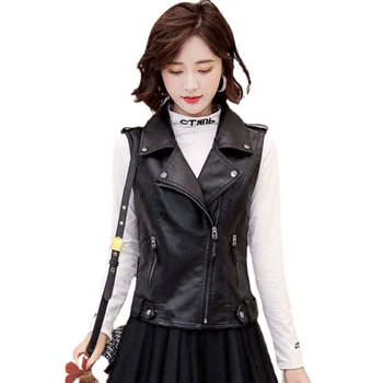 2023 ropa de calle, chaleco de PU suave para mujer, abrigo de solapa de piel de oveja sintética de talla grande para mujer, chaleco de motociclista, chaqueta de cuero sin mangas