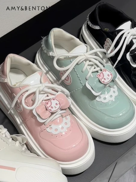 

Sweet Cute Lolita Thick-Soled Sneakers Sports Shoes Japanese Lolita Round-Toe Bowknot Patchwork Color Lace-Up Casual Women Shoes