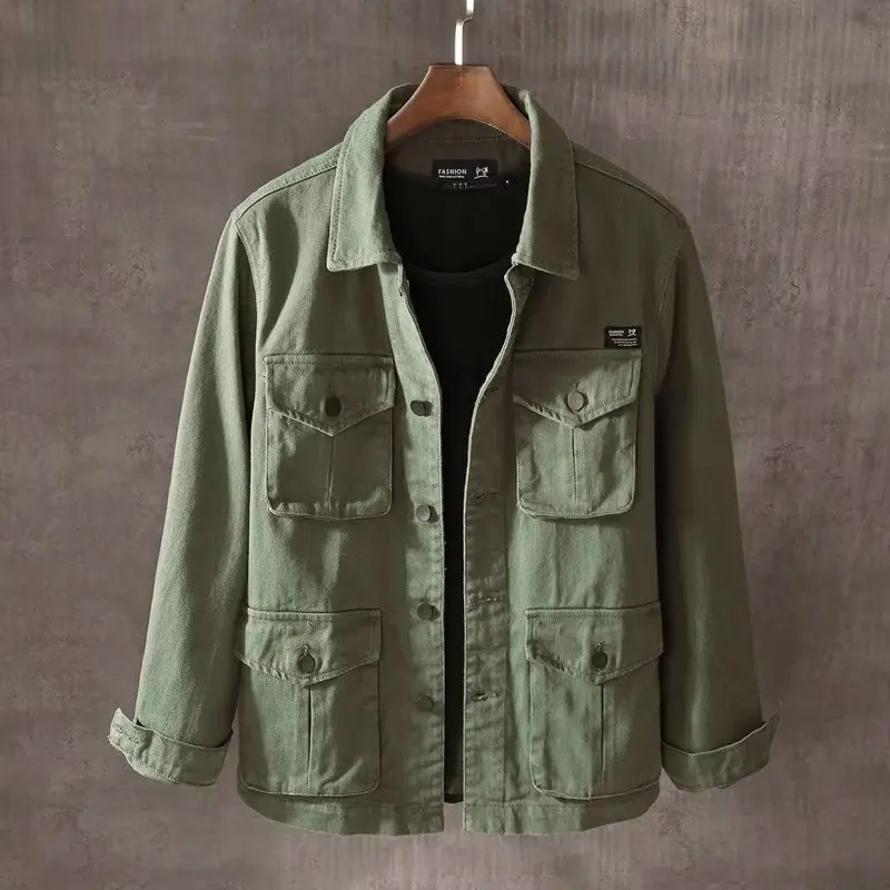 Americana Workwear Multi Pocket Jacket Green Shirt Collar Oversized Button Men's Spring Fall Cargo Street Essential Casual Coat