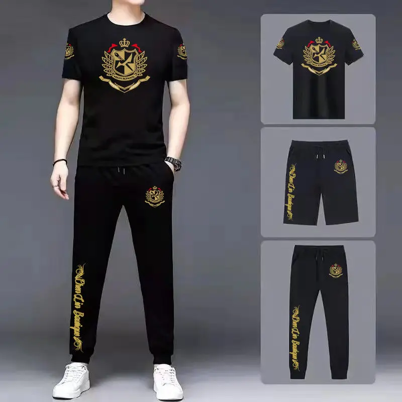 Spring and summer casual men's sportswear set, short sleeved shorts, long pants set, middle-aged and young printed