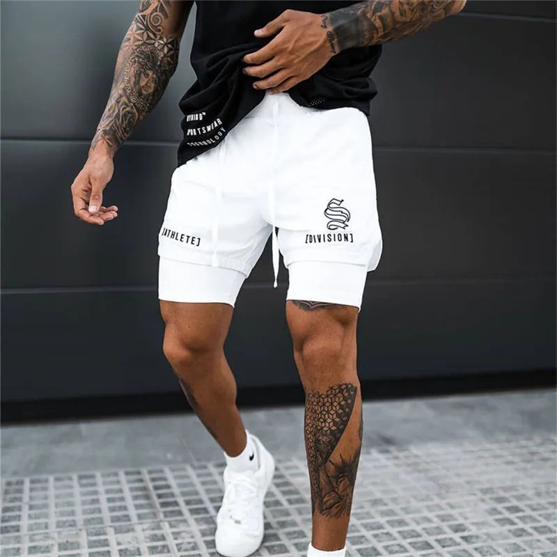 Masculino respirável de dois andares de secagem rápida Sportswear Fitness, shorts para musculação, treino de ginástica, calções de praia para