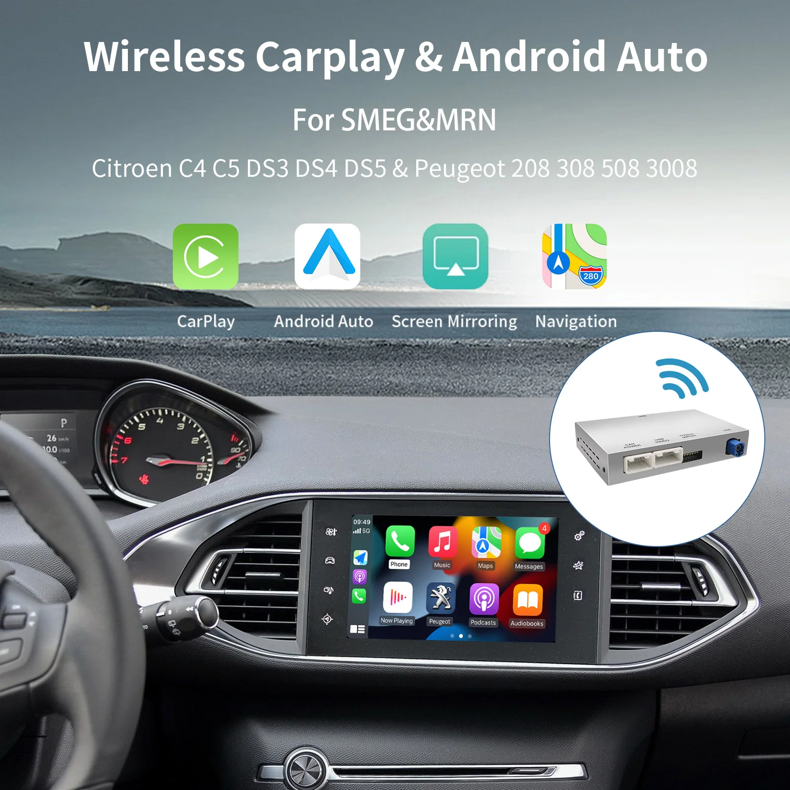 ZJZ AUTOABC وحدة جديدة CarPlay اللاسلكية لبيجو سيتروين SMEG NAC 208 308 508 3008 C4 DS3 أندرويد وحدة رئيس السيارات Airplay Play