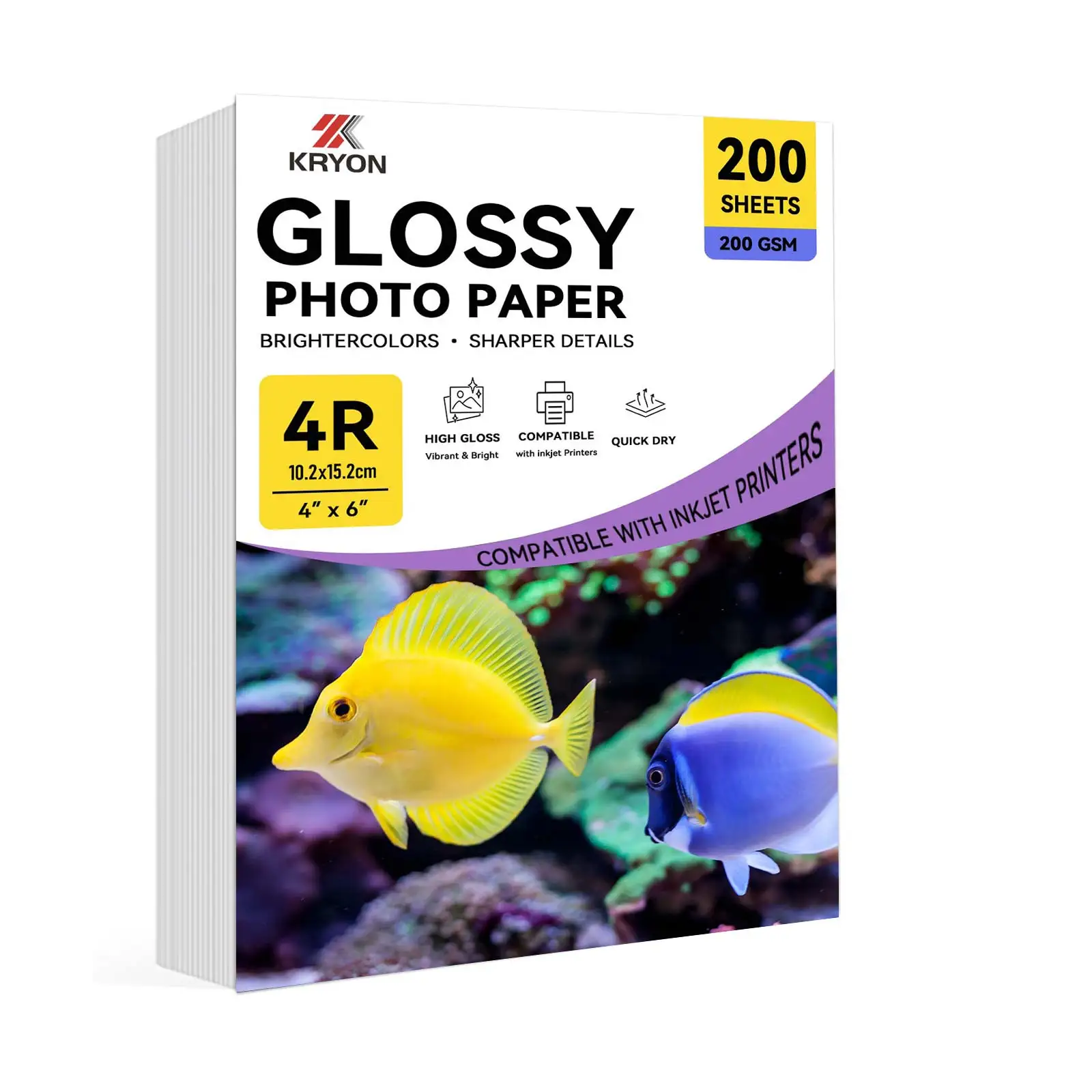 KRYON 4R 200 Sheets 200gsm Glossy Photo Paper with Inkjet Printers, for Office Home Printing Paper, For Travel Season