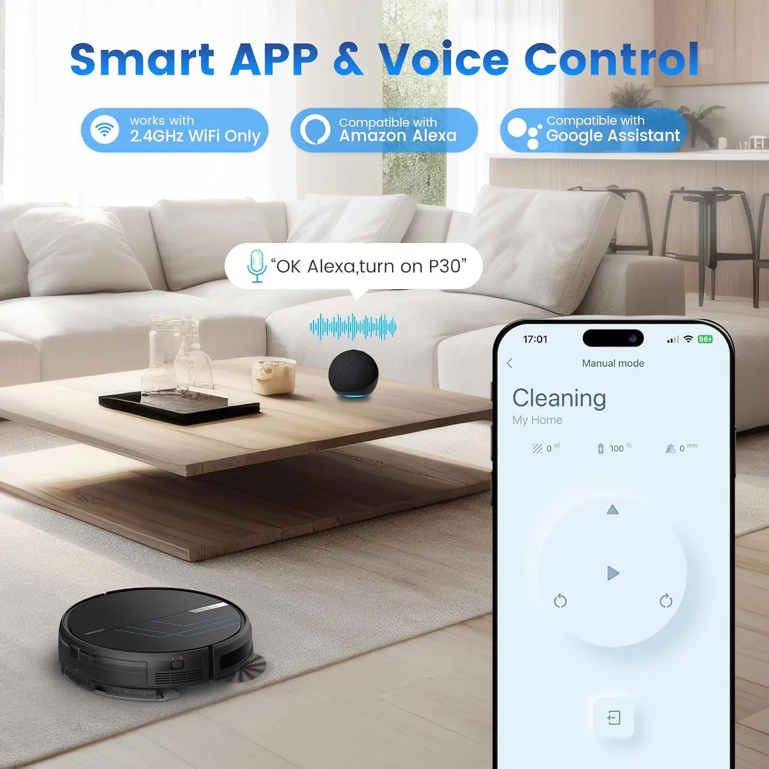 Robot aspirateur et vadrouille, puissance d'aspiration de bain 3000Pa, Wi-Fi, application, Alexa, auto-chargement, Ha