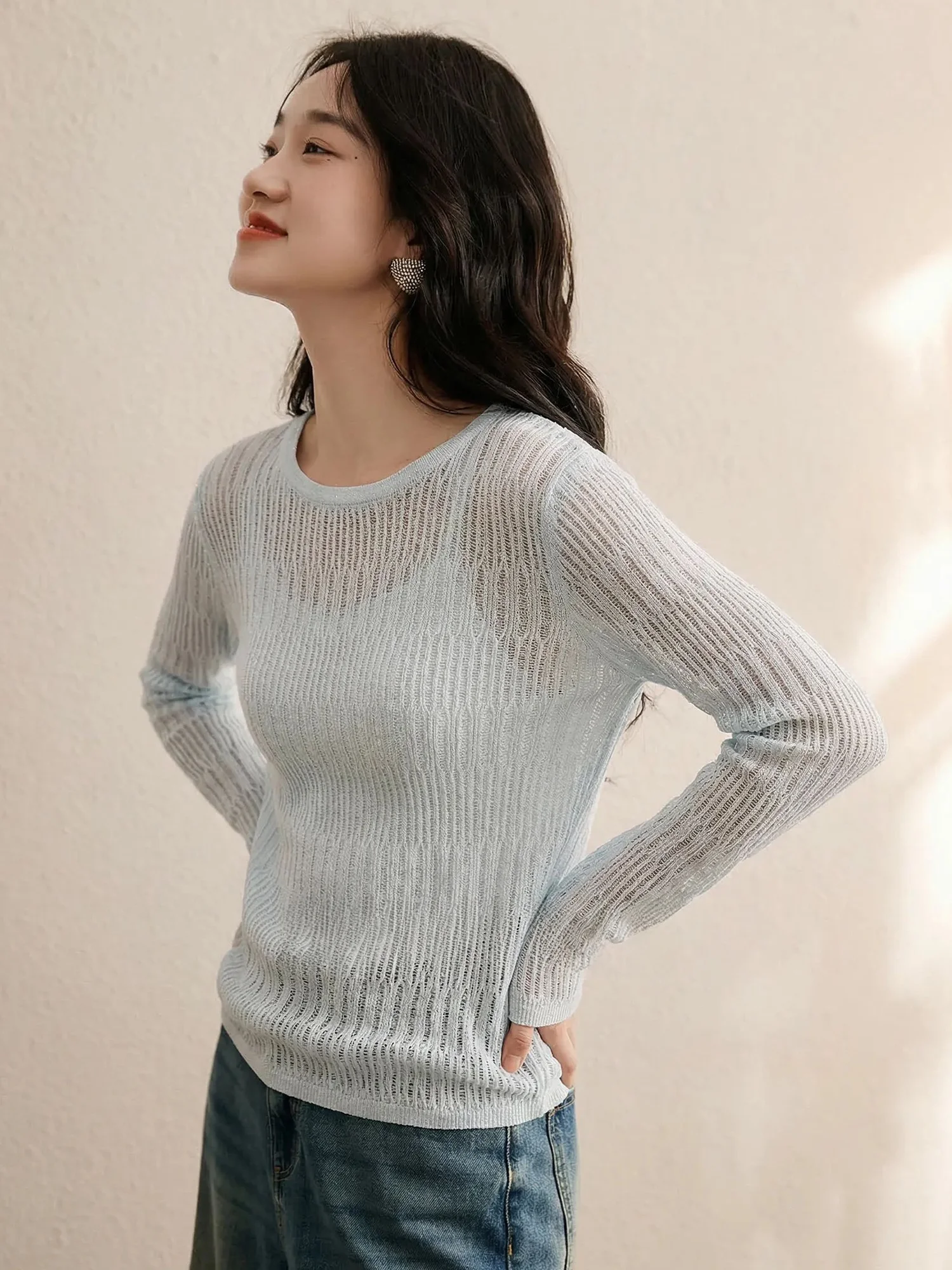 

Chivirin Women's Hollow out Knitwear T-Shirt Summer Long Sleeve Slim Fit Lightweight Loose Top Simple Style Casual Fashion