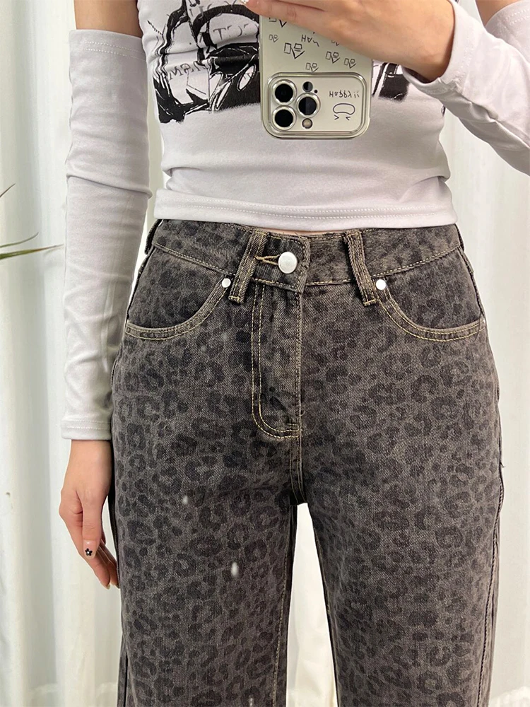Retro Leopard Print Bell Bot Jeans Women's Slimming High Waist Denim Pants Autumn Winter New Sle for Pear aped Body