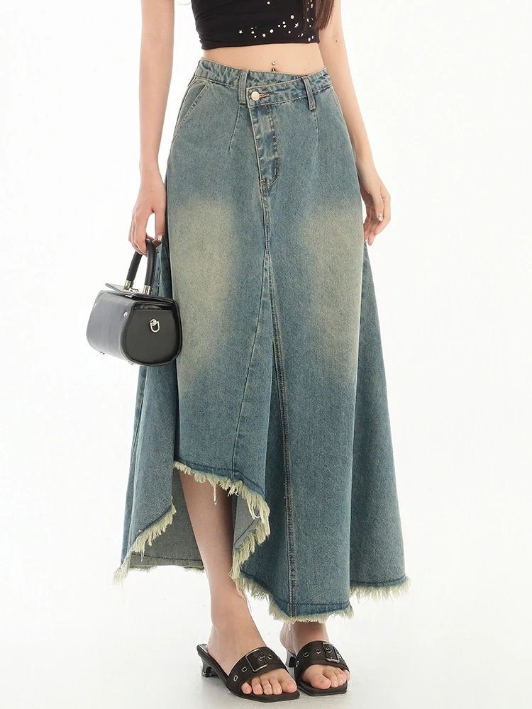 

Синие джинсовые юбки с высокой талией, рабочая одежда, длинная юбка для женщин, новая корейская винтажная асимметричная женская джинсовая юбка трапециевидной формы