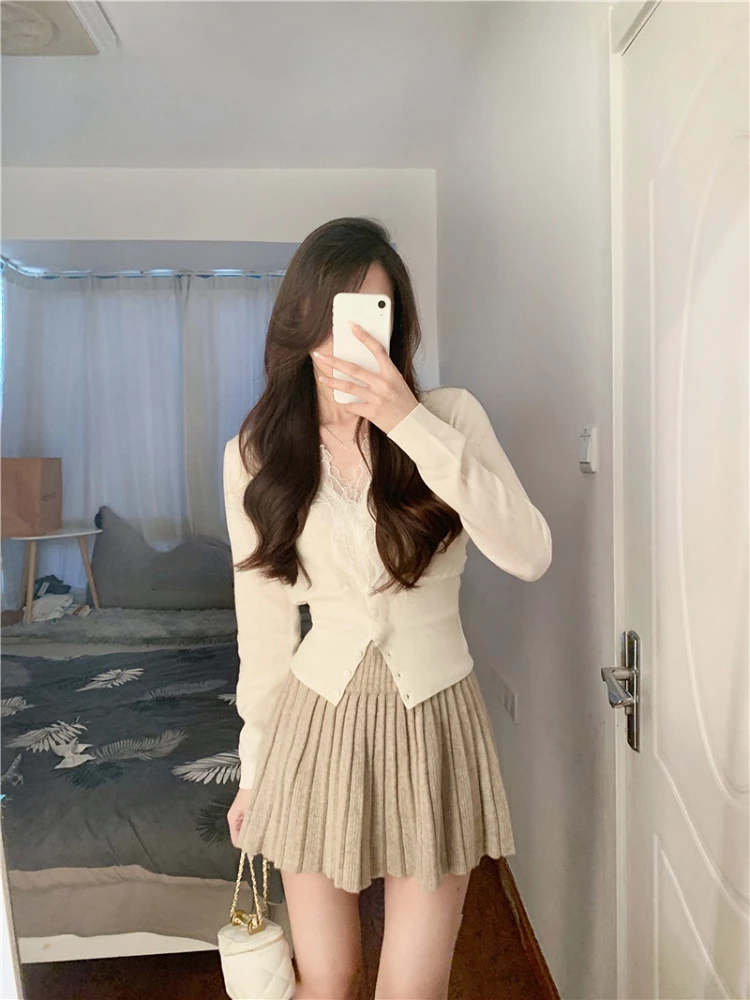 2023 Spring 2 Piece Dress Set Women Korean Fashion Y2k Clothing Sweet Cardigan + Mini Skirts Elegant Bodycon Knitted Suits Chic