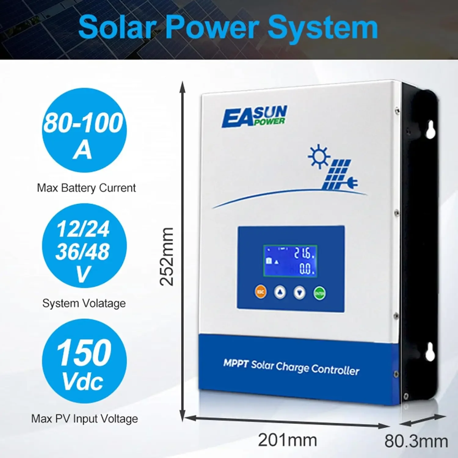100A MPPT Solar Charge Controller, 12V/24V/36V/48V Auto, Max Input 150V LCD Display Intelligent Regulator Charge Controller