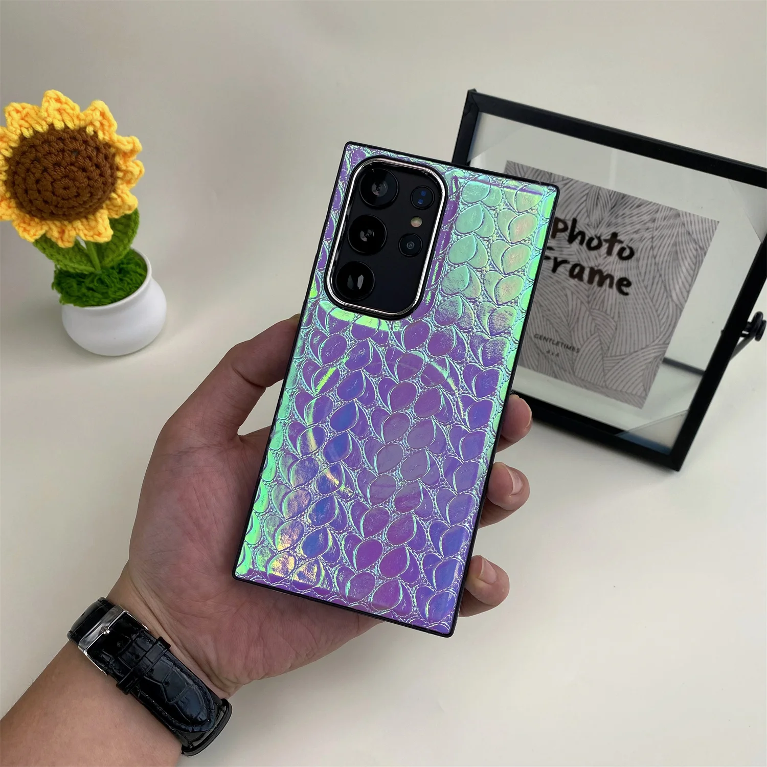 

Laser Gradient Colorful Leaf Pattern Magnetic Phone Case for Galaxy S24 Ultra S22 S23 S24 Plus Microfiber Linning Defender Cover