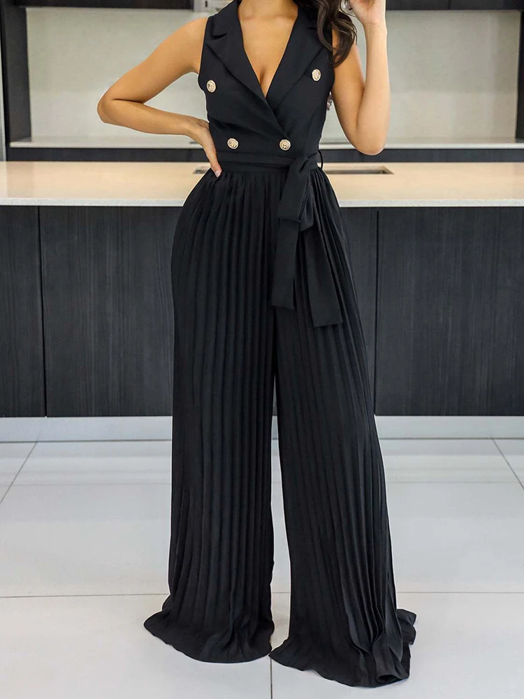 V-Neck Pleated Sleeveless Jumpsuit Women\'s Commuting Wind High Waisted Lace up Wide Leg Pants Loose Fashionable Jumpsuit