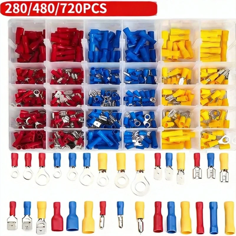 280/480/720pcs Cable Lugs Assortment Kit Wire Flat Female and Male Insulated Electric Wire Cable Connectors Crimp Terminals Set