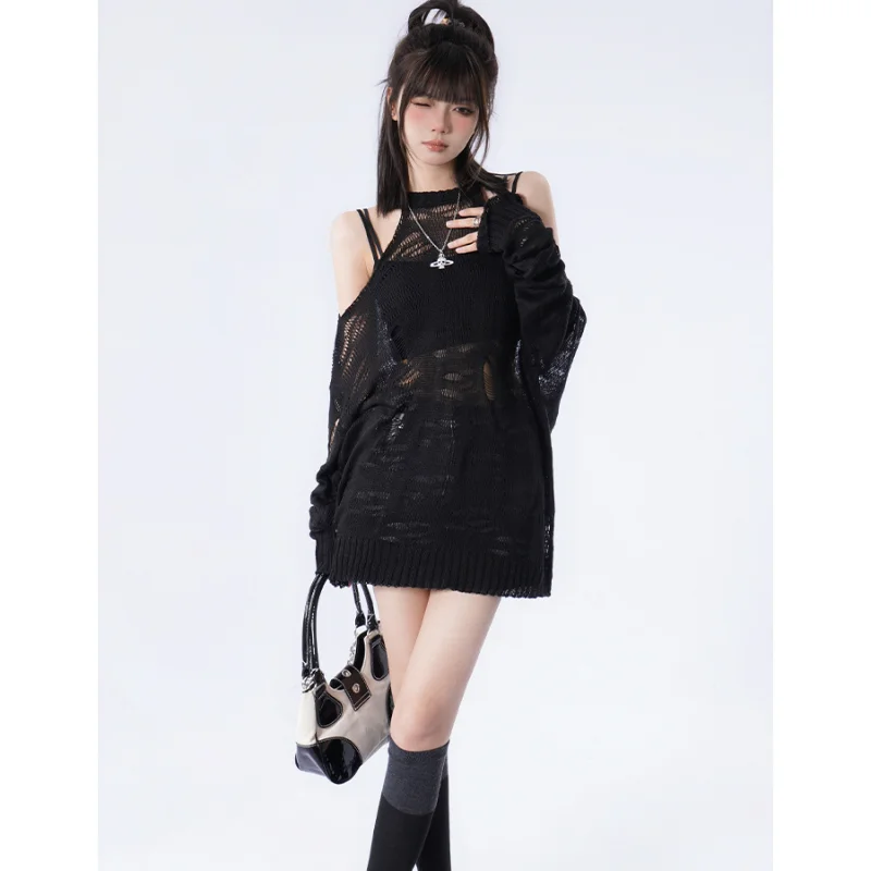 Autumn New Fashion Ripped Pullovers Women Korean Baggy Chic Simple Knitted Sexy Smock Ulzzang Streetwear Vintage Sweaters