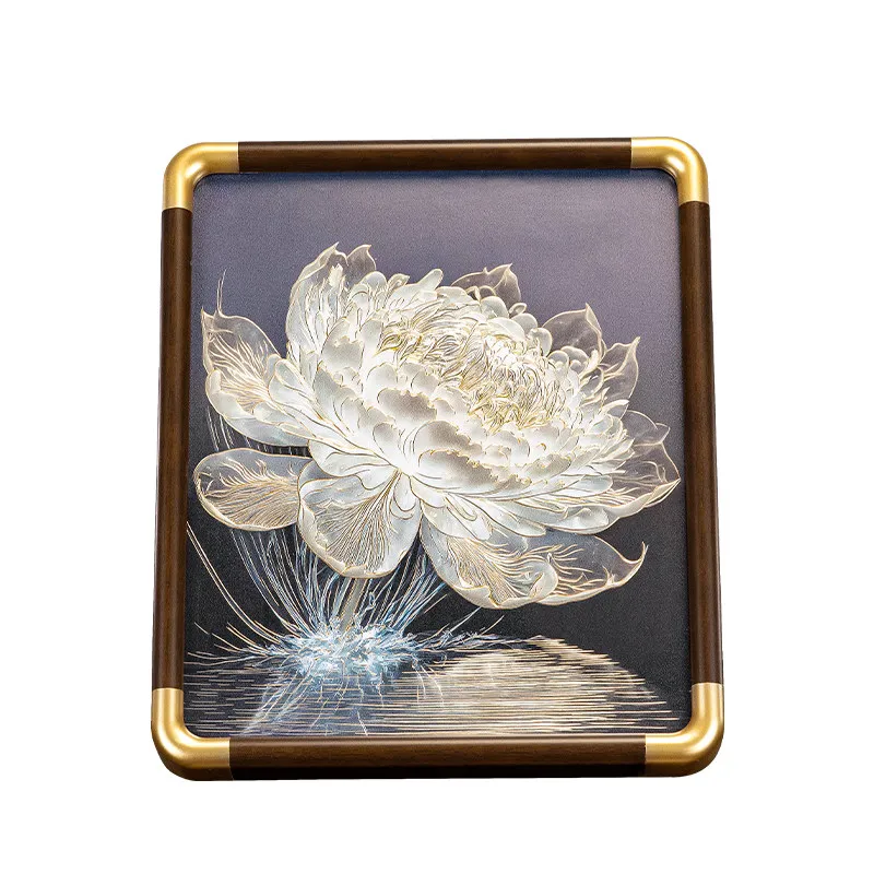 Copper Engraved Wall Plaque, Light Shadow Water Lilies Art, New Chinese Desktop Ornament, Framed Glass Solid Wood Home Decor