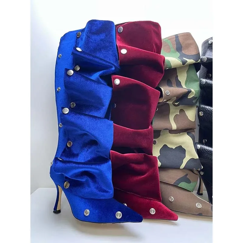 

Camouflage Button Pointed Toe Knee-High Boots Woman Winter 2025 Metal Rivet Wine Red Two-Piece Stacked Long Boot Shoes for Women