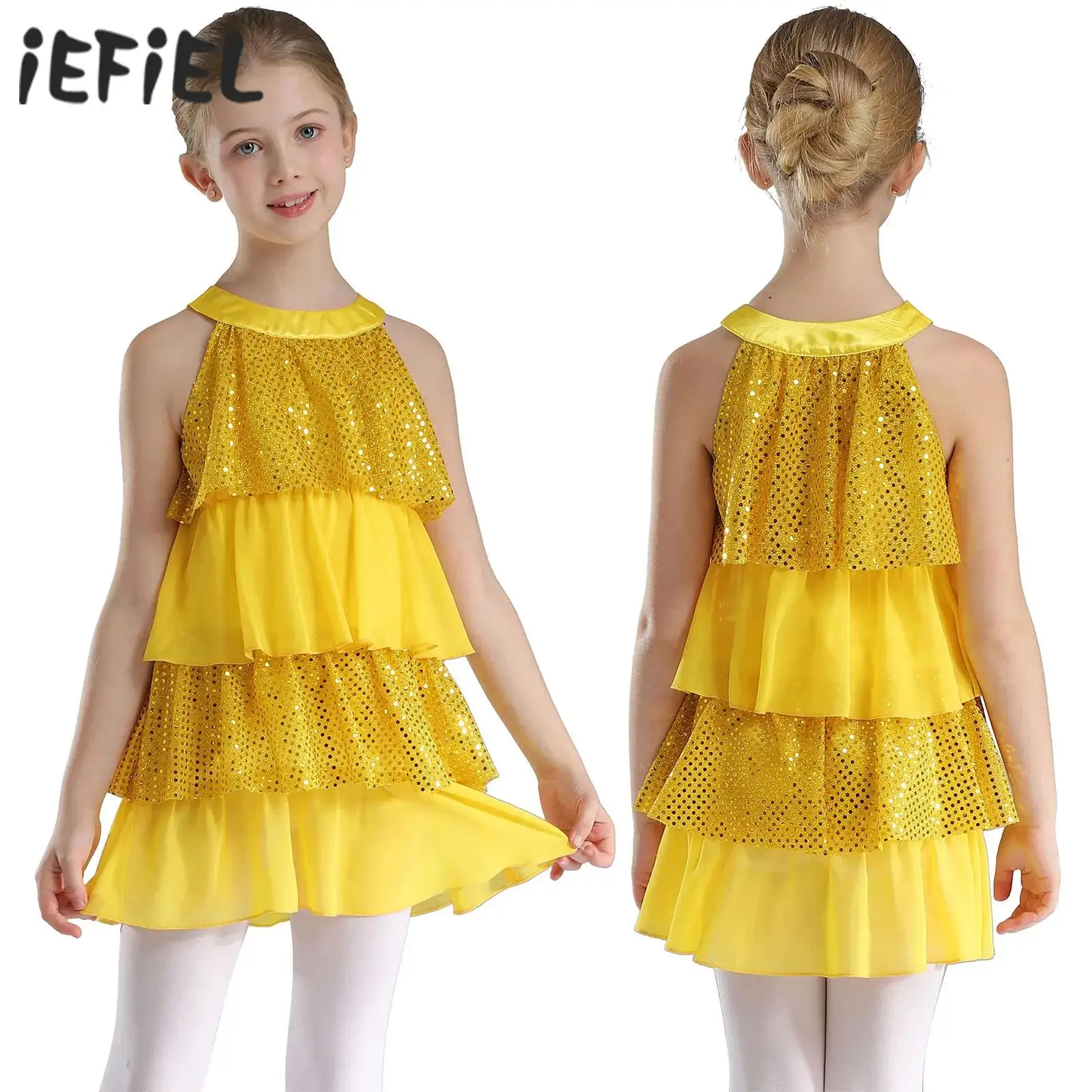 Kids Girls Sequins Latin Jazz Dress Tiered Ruffled Sleeveless Lyrical Dresses Modern Contemporary Dancing Performance Costume