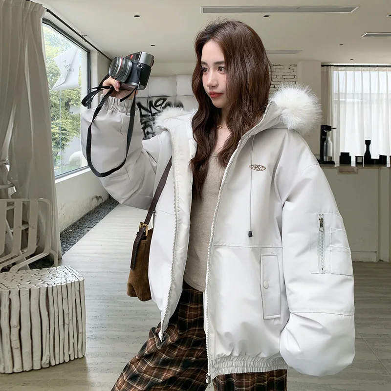 

Women Hooded Parkas Coats Solid Short Overcoat Fur Collar Long Sleeve Pockets Zipper Loose Thick Office Lady Casual Winter 2025