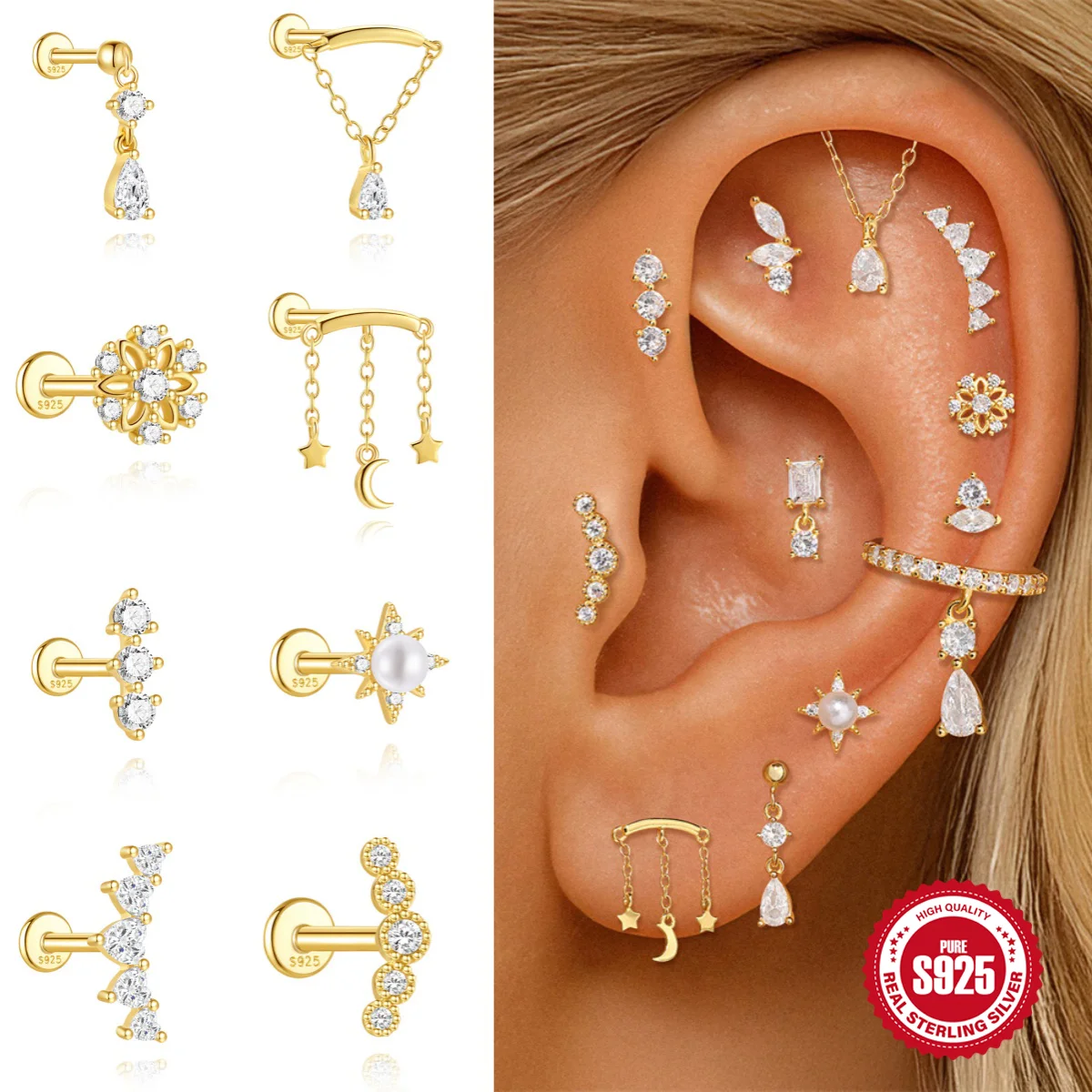 

AIDE 1Pc 925 Sterling Silver Star Moon Tassel Water Droplet Pendant Women's Hidden Screw In Type Piercing Earrings Fine Gifts