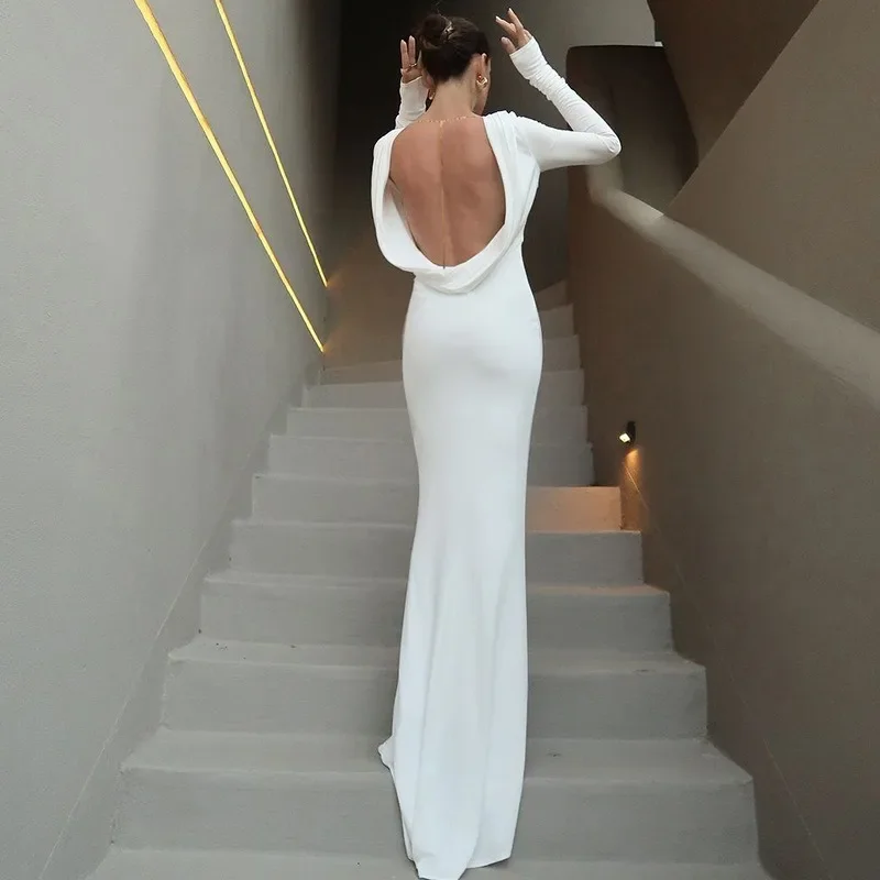 المرأة أنيقة مثير ثنيات سلسلة معدنية عارية الذراعين Bodycon ماكسي فستان الحفلات ثوب مسائي كم كامل سليم مأدبة رداء طويل Vestidos
