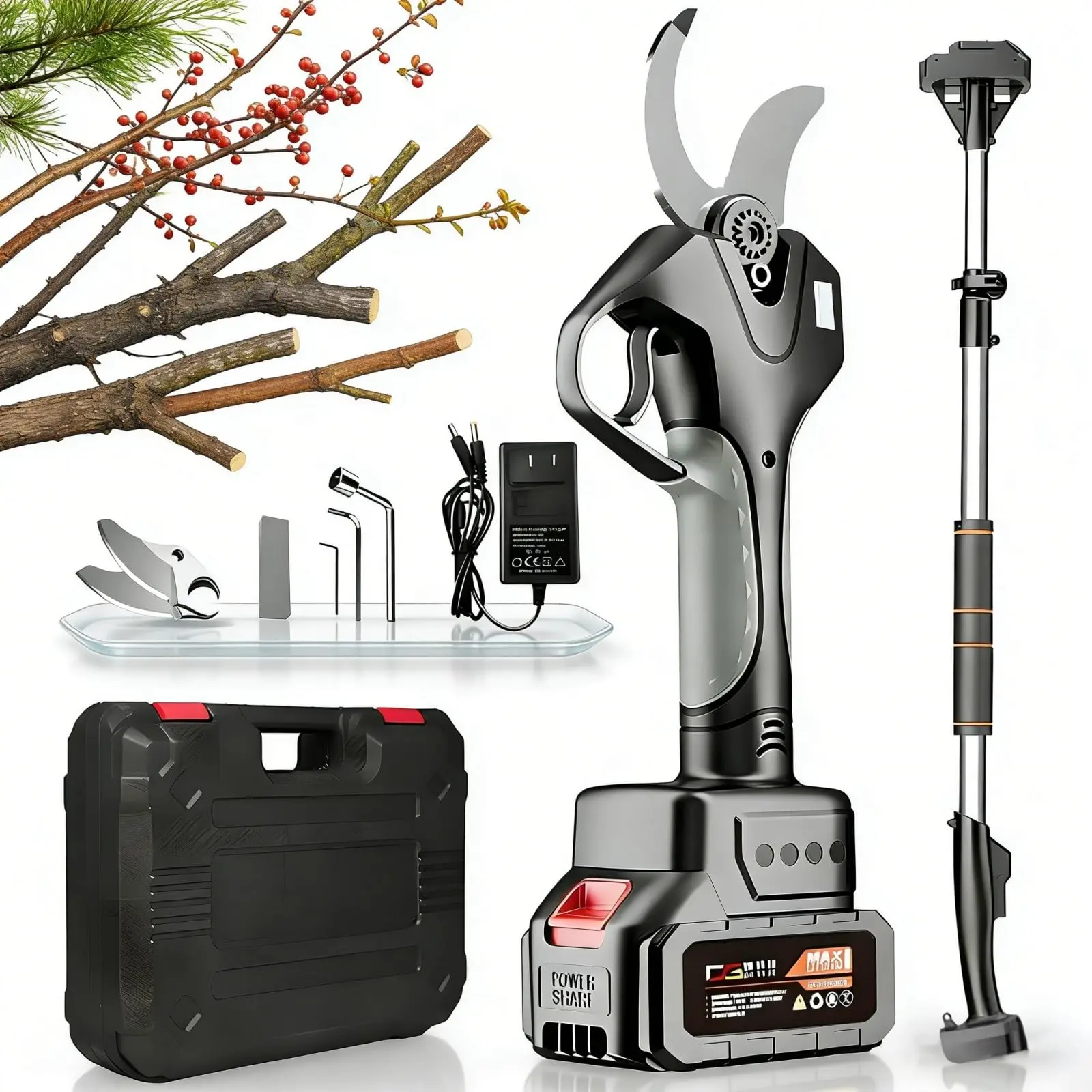 Electric Pruning Shears with Extension Pole, 1000W Portable Cordless Pruning Shears with LCD Display and SK5 s, Cutting
