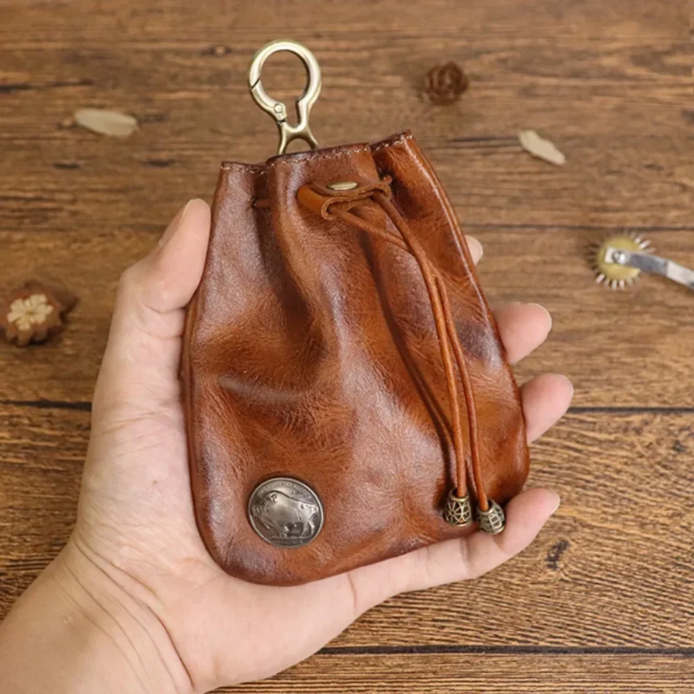 Retro Genuine Leather Bag Coin Purse Drawstring Key Wallets Fashion Women Men Housekeeper Card Key Holders Mini Purse Coin Pouch