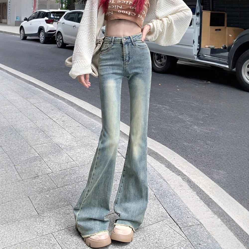 Retro Blue Denim Jeans Women's High Waist Slim Straight Micro Flared Pants Casual Spring Autumn Cotton Zipper Fly