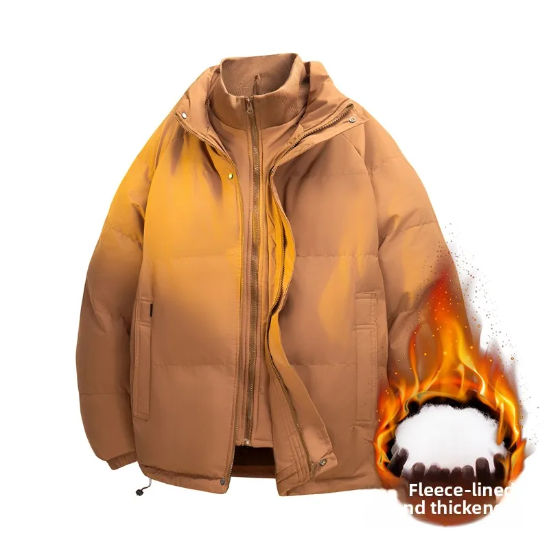 

Men's Thiened Fce Lined Windproof Bread Sle Jaet Pure Color Splicing Winter New Faion Warm Cotton Outerwear