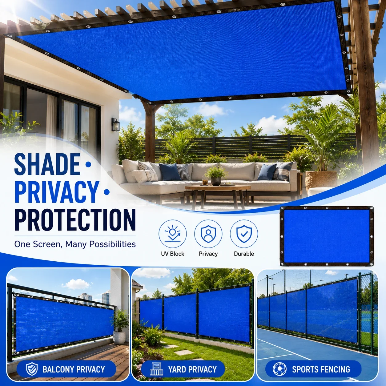Heavy Duty Blue Privacy Fence Screen Net Flame Retardant with Grommets Reinforced Edge for Balcony Garden Yard Sports