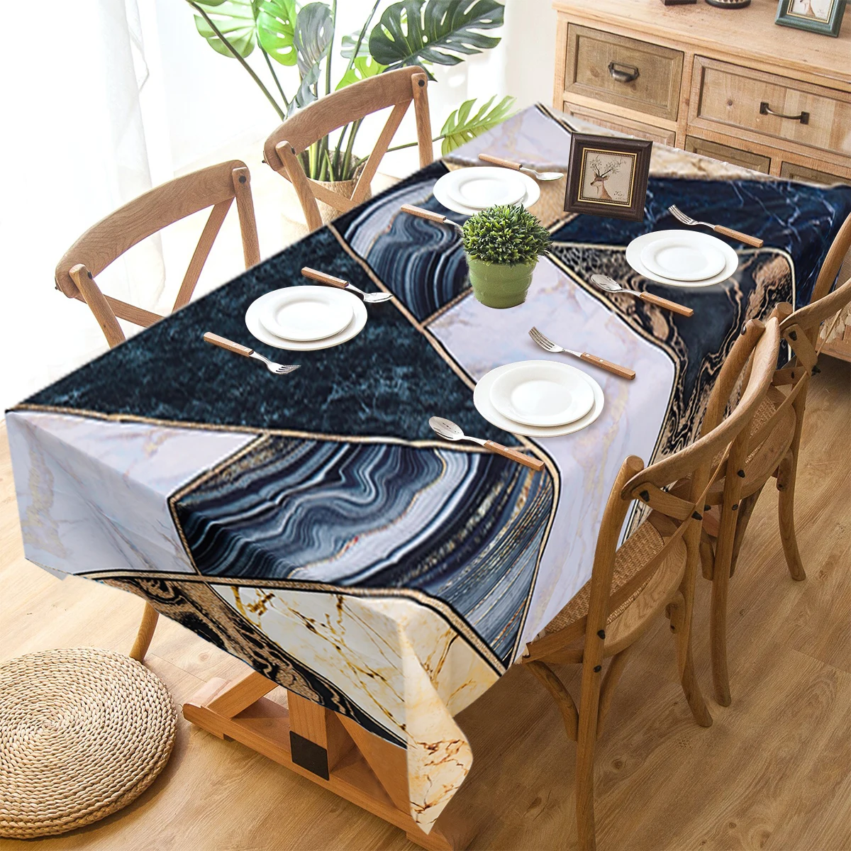 1pc Black Gold Marble Rectangular Tablecloth Blue White Waterproof Dining Table Cover for Dining Table and Wedding Decor