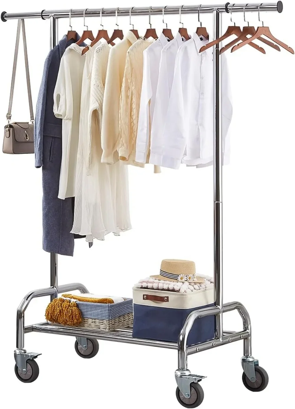 

Heavy Duty Clothing Racks for Hanging Clothes, Adjustable Rolling Commercial Garment Rail on Wheels
