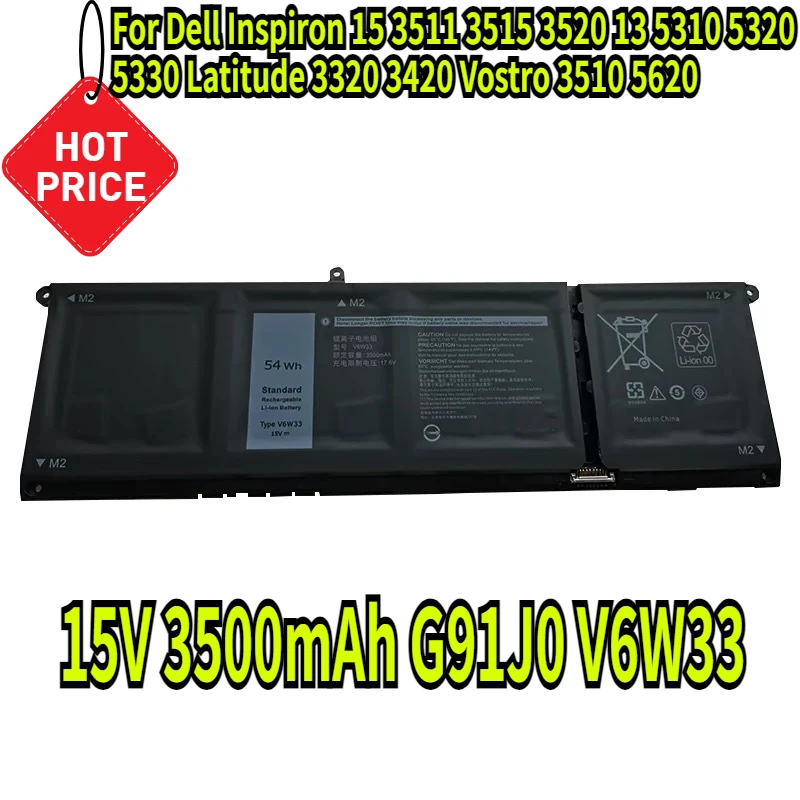 15V 3500mAh G91J0 V6W33 Battery for Dell Inspiron 15 3511 3515 3520 13 5310 5320 5330 Latitude 3320 3420 Vostro 3510 5620