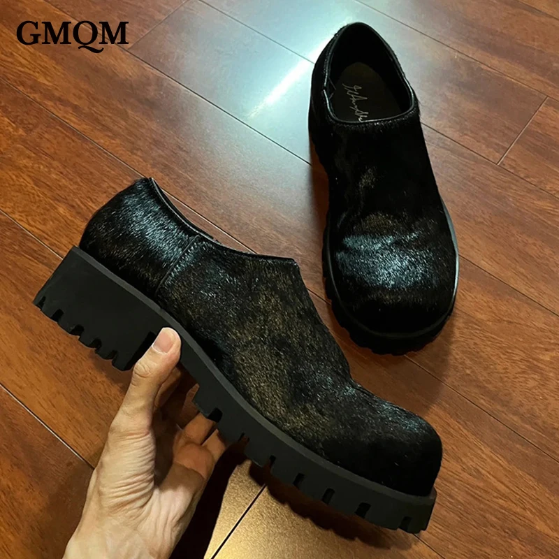 GMQM Fashion Women's Loafers Shoes Thick Sole Shoes Casual Horse Hair Leather Shoes Platform Slip-On Chunky  Heels Unisex Shoes