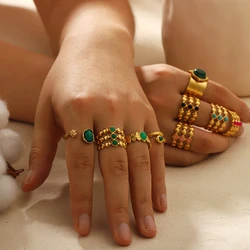 Vintage Natural Stone Geometric Gold Plated Stainless Steel Ring Adjustable Turquoise Ring Trendy Fashion Ring Jewelry Women