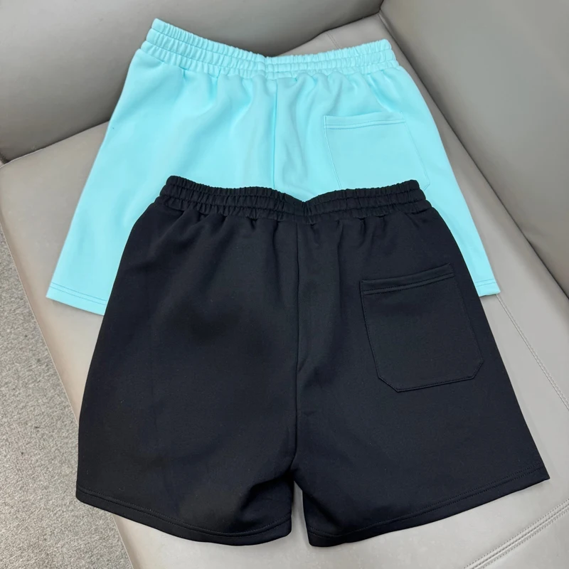 Bead Cross Sanskrit Patch Embroidery Loose Shorts Men Women Black Blue Drawstring Sports Baggy Shortpants