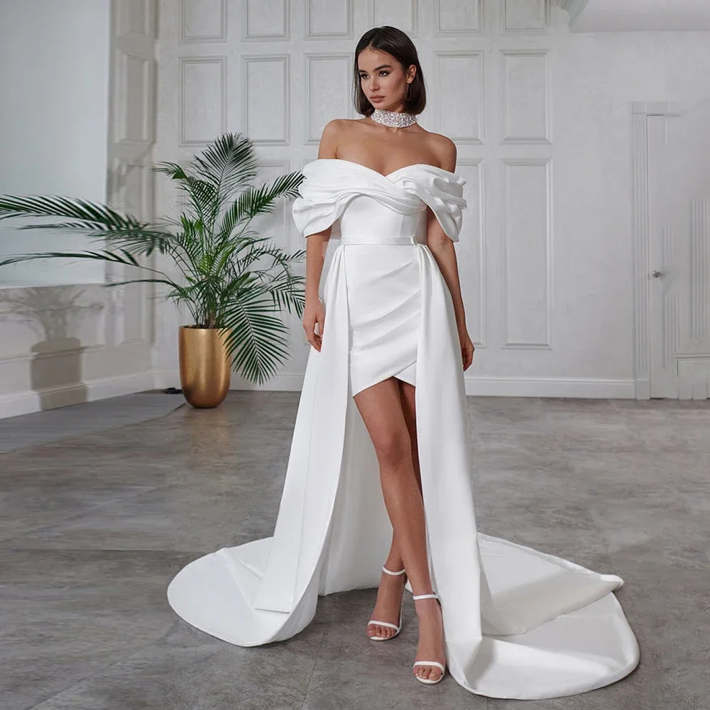 

Современное атласное свадебное платье с открытыми плечами для невесты, с отстегивающимся шлейфом, плиссированное, короткое, на корсете, без рукавов, Vestido De Novia